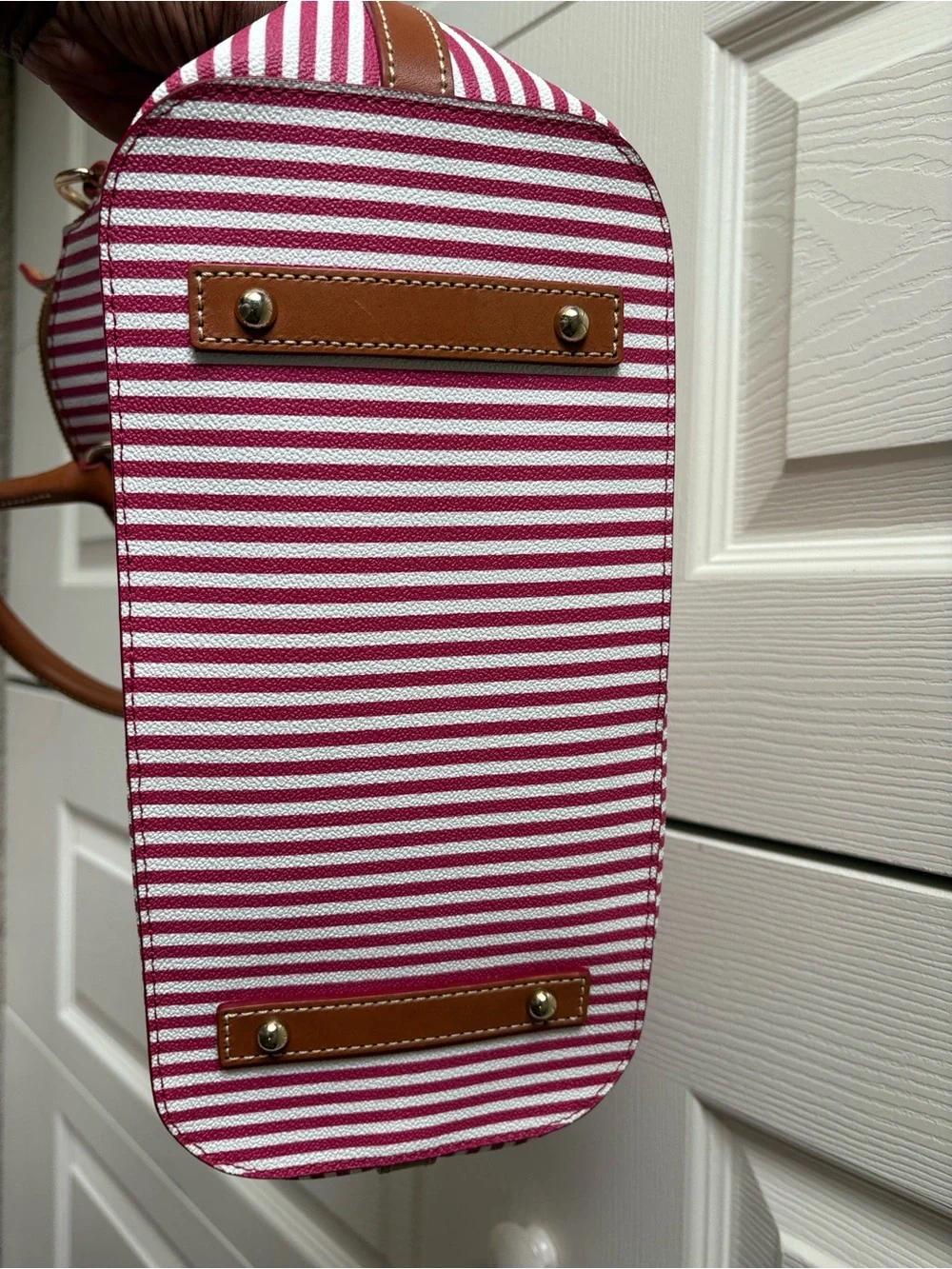 Dooney & Bourke Red and White Striped Satchel with Brown Trim